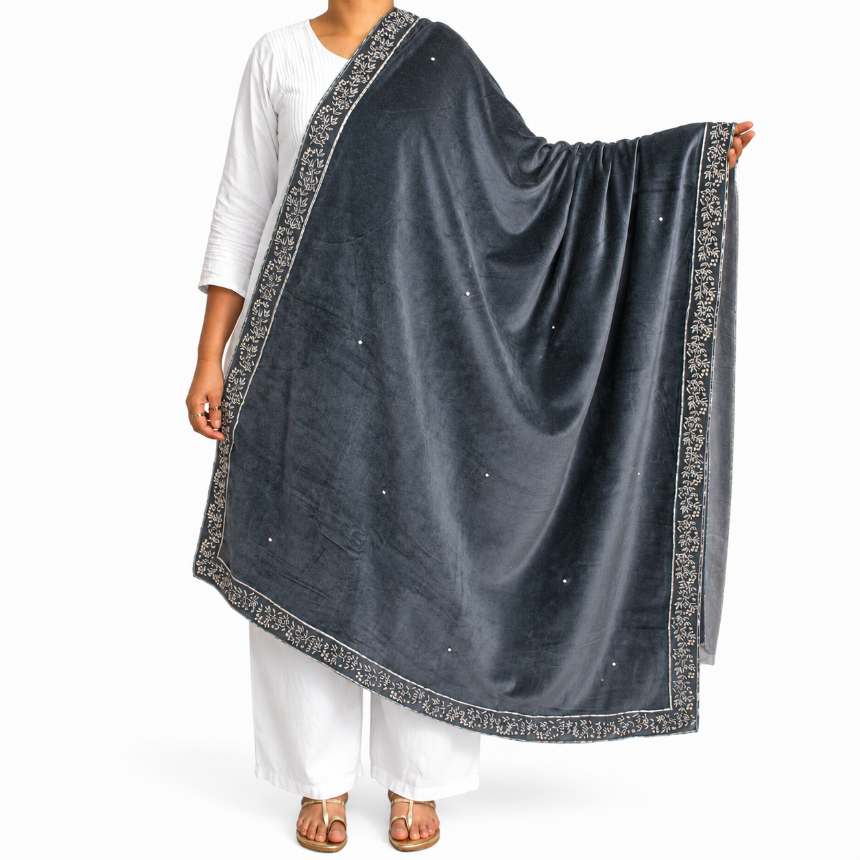 Kashmiri Velvet Shawl with Pearl Work