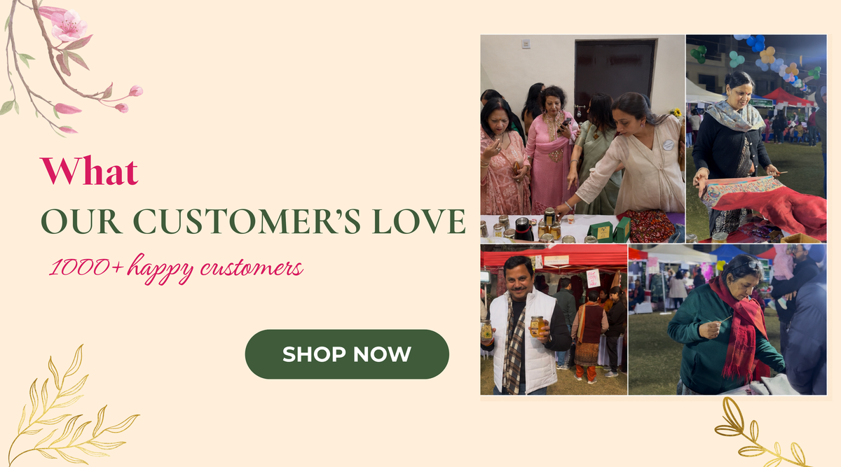 A promotional website banner on a light beige background with subtle leaf shadows. On the left, the text reads 'What OUR CUSTOMER'S LOVE' followed by '1000+ happy customers' in cursive, positioned above a dark green 'Shop Now' button. On the right is a collage of four photos showing various customers happily interacting with products, fabrics, and jars at market stalls.