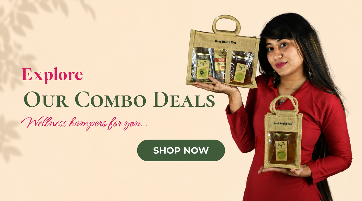 A promotional website banner on a light beige background with subtle leaf shadows. On the left, the text reads 'Explore Our Combo Deals: Wellness hampers for you...' above a dark green 'Shop Now' button. On the right, a woman wearing a red top is holding up two burlap gift bags with clear windows displaying packaged wellness products.
