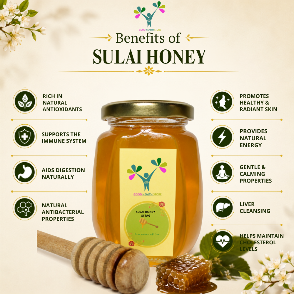 Jar of Sulai Honey with benefits listed.